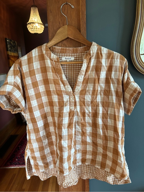 Madewell Tops - Madewell Tan and White Gingham V-Neck Cotton Top